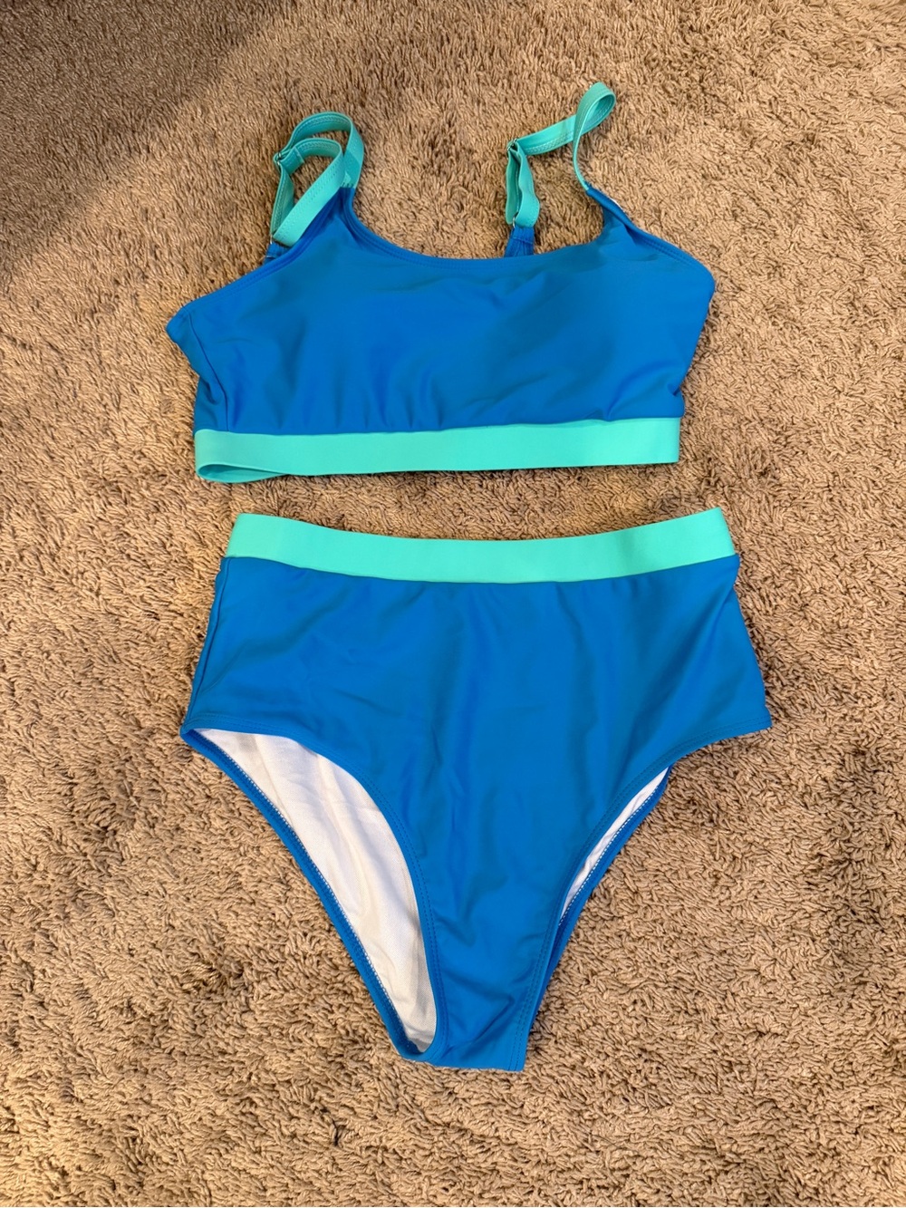 Women’s Medium Two-Piece High-Waist Swim Set in Blue with Aqua Trim